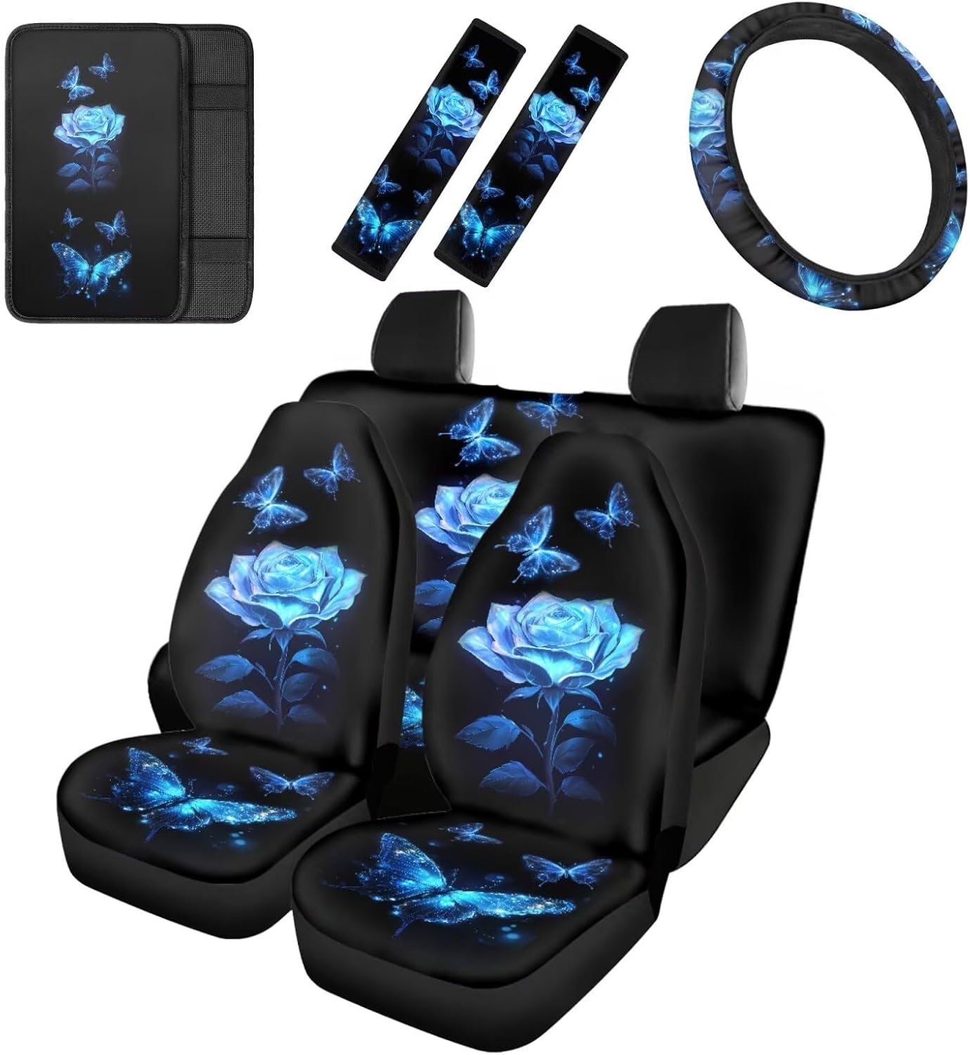 Cozeyat Auto Seat Protector for Women, 8 Pcs Blue Rose Car Seat Cover Full Set Steering Wheel Cover Shoulder Pad Armrest Pads Car Accessories