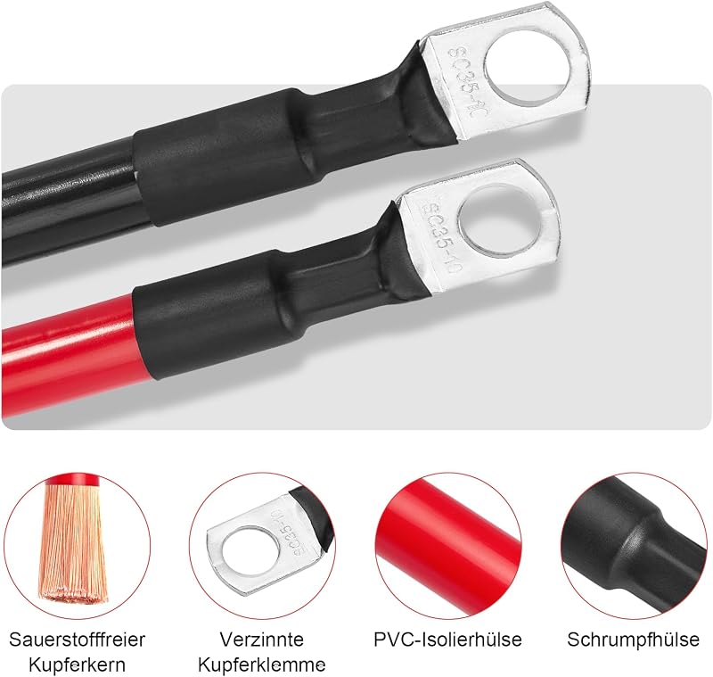 Gedlex Akkumulátor Kábel 35mm² 100cm - Oxigénmentes Réz Autó Kábelszett M10 Csatlakozóval, 150A, 12-24V Akkumulátorhoz, Piros-Fekete PVC Szi