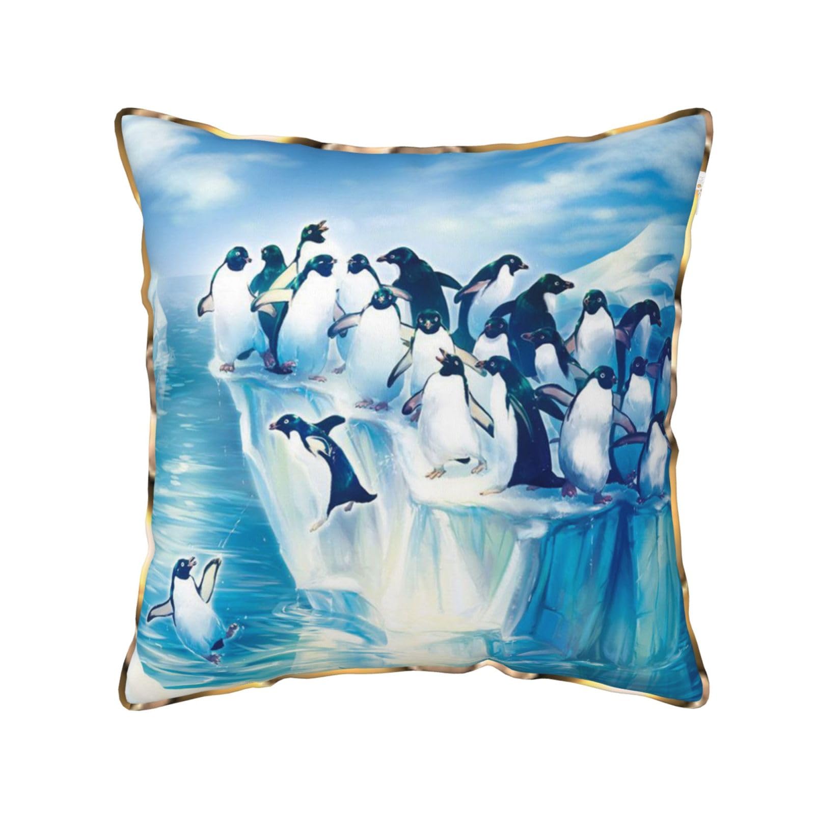 AUBKFELD Penguins on Iceberg Printed Velvet Cushion Cover 45x45 CM with Gold Edging Strip, Square Pillowcase Soft Throw Pillow Covers Case Decorative for Living Room Sofa Couch Bed Bench