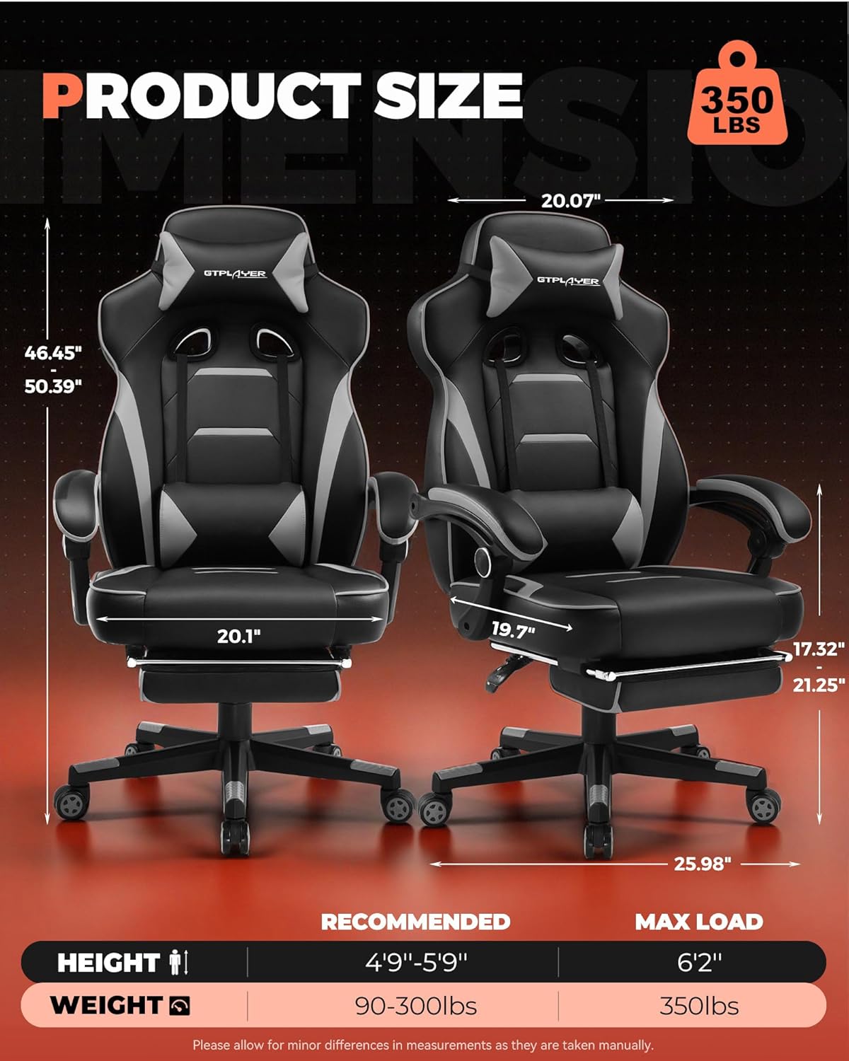 GTPLAYER Gaming Chair for Adults, Big and Tall 350LBS Heavy Duty Office Chair, Ergonomic High Back Lumbar Support and Recliner for Back Pain Relief, Sky Gray