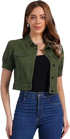 Allegra K Women's Short Sleeve Cropped Denim Jacket