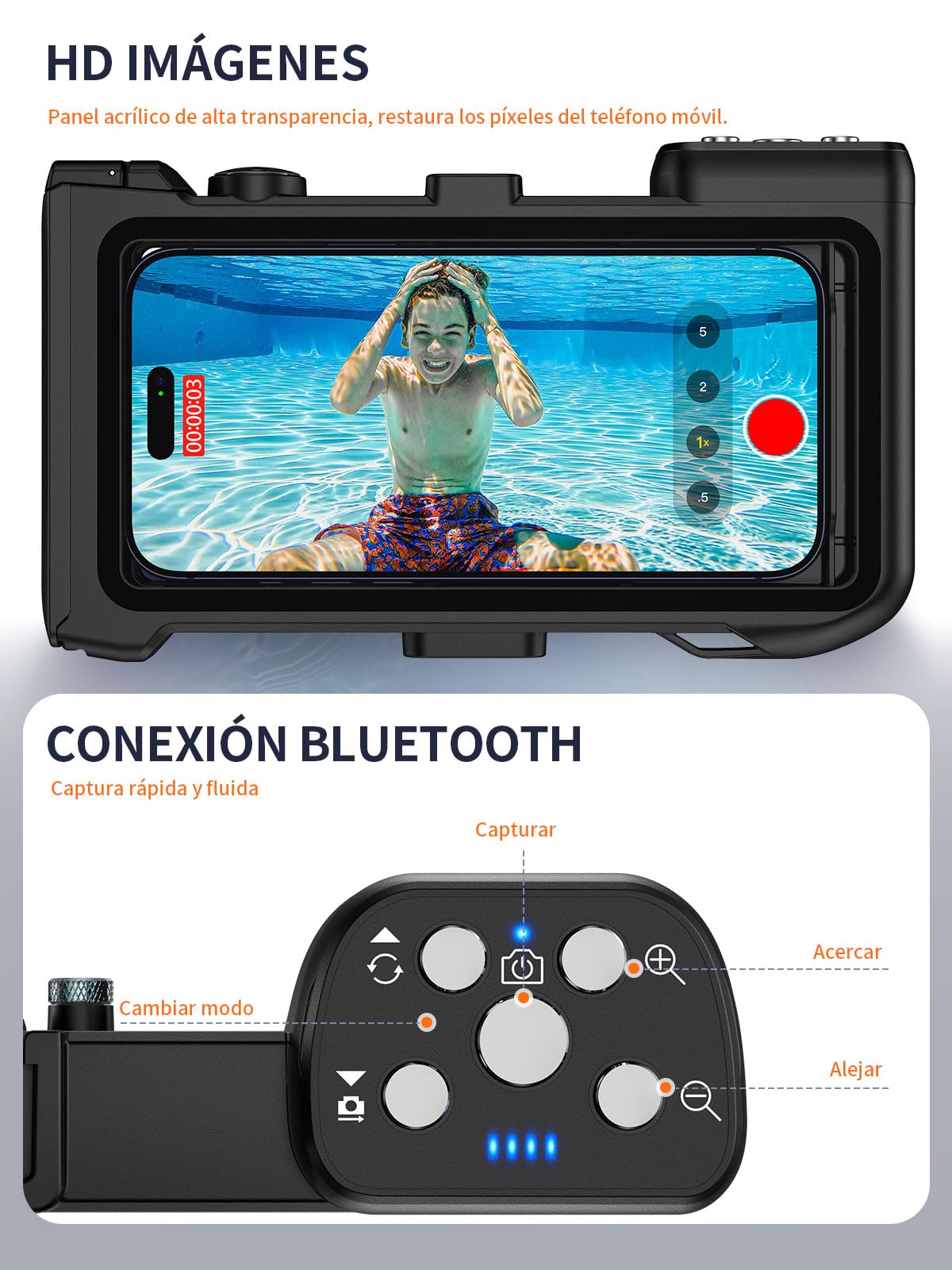 Funda Impermeable Móvil Universal IP68 para Buceo, Negro | Compatible con iPhone Samsung y Otros Smartphones de 4.7" a 6.9", Carcasa Submarina Universal, Control Bluetooth