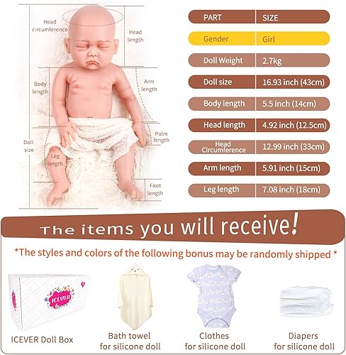 Miniatura 6 de Muñeca bebé de silicona de cuerpo completo de 17 pulgadas  Muñecas de bebé Reborn realistas de ojo calvo cerrado muñeca simuladora de bebé para