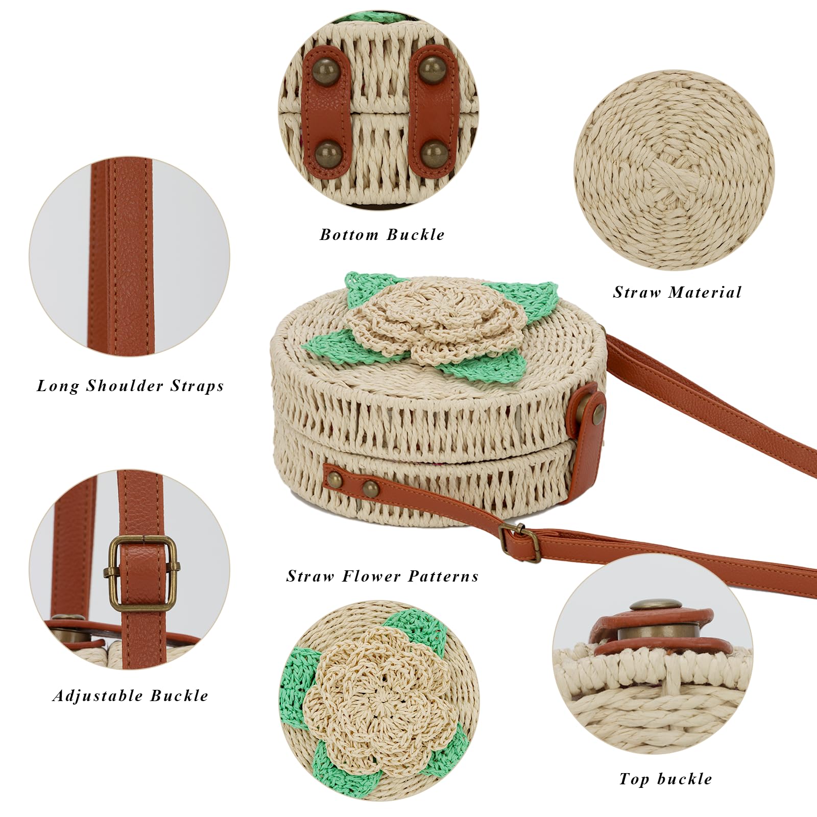 Ynport Crefreak Donna Rotondo Paglia Borsa A Tracolla Da Spiaggia Tessuta A Mano Borsa Borsa Naturale Chic Borsa Cerchio Boho Borsa per Vacanze Incontri Spiaggia
