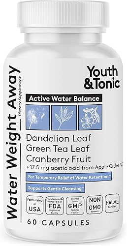 Youth & Tonic Water Weight Away - Diuréticos herbales para retención de agua y apoyo a la hinchazón - con potasio y vitamina B6 para equilibrio de