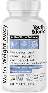 Youth & Tonic Water Weight Away – Herbal Diuretics for Water Retention & Bloating Support – with Potassium & Vitamin B6 for Fluid Balance – 60 Pills for Belly Bloat, Leg & Feet Swelling Support