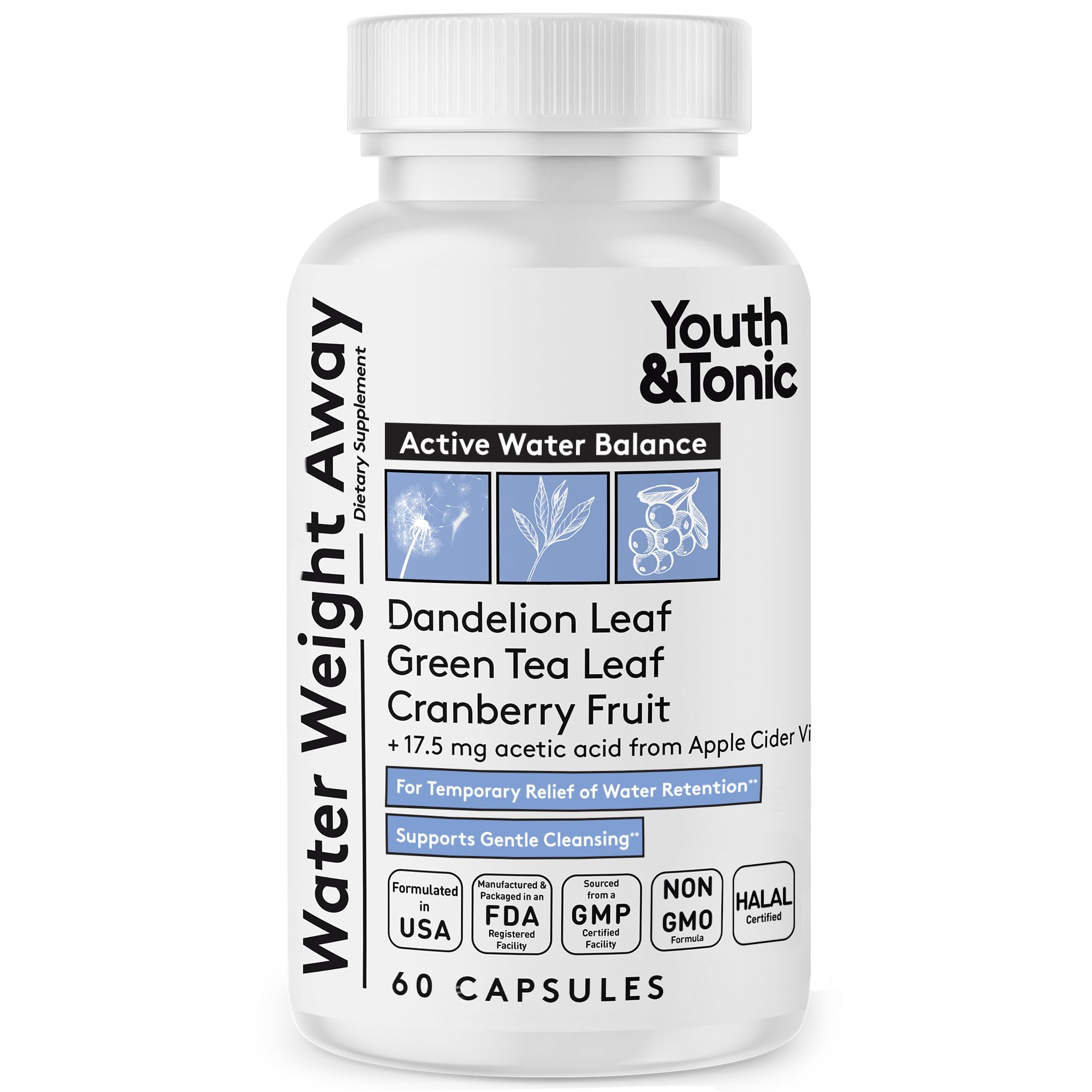 Youth & Tonic Water Weight Away – Herbal Diuretics for Water Retention & Bloating Support – with Potassium & Vitamin B6 for Fluid Balance – 60 Pills for Belly Bloat, Leg & Feet Swelling Support