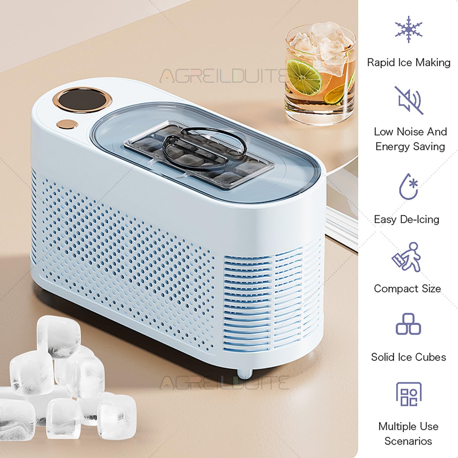 Mini Macchina per Il Ghiaccio per Feste, Produce cubetti di Ghiaccio in 10-15 Minuti, Genera 10 cubetti per Ciclo e Funziona con Doppia Alimentazione CA e 12V. Light-Blue
