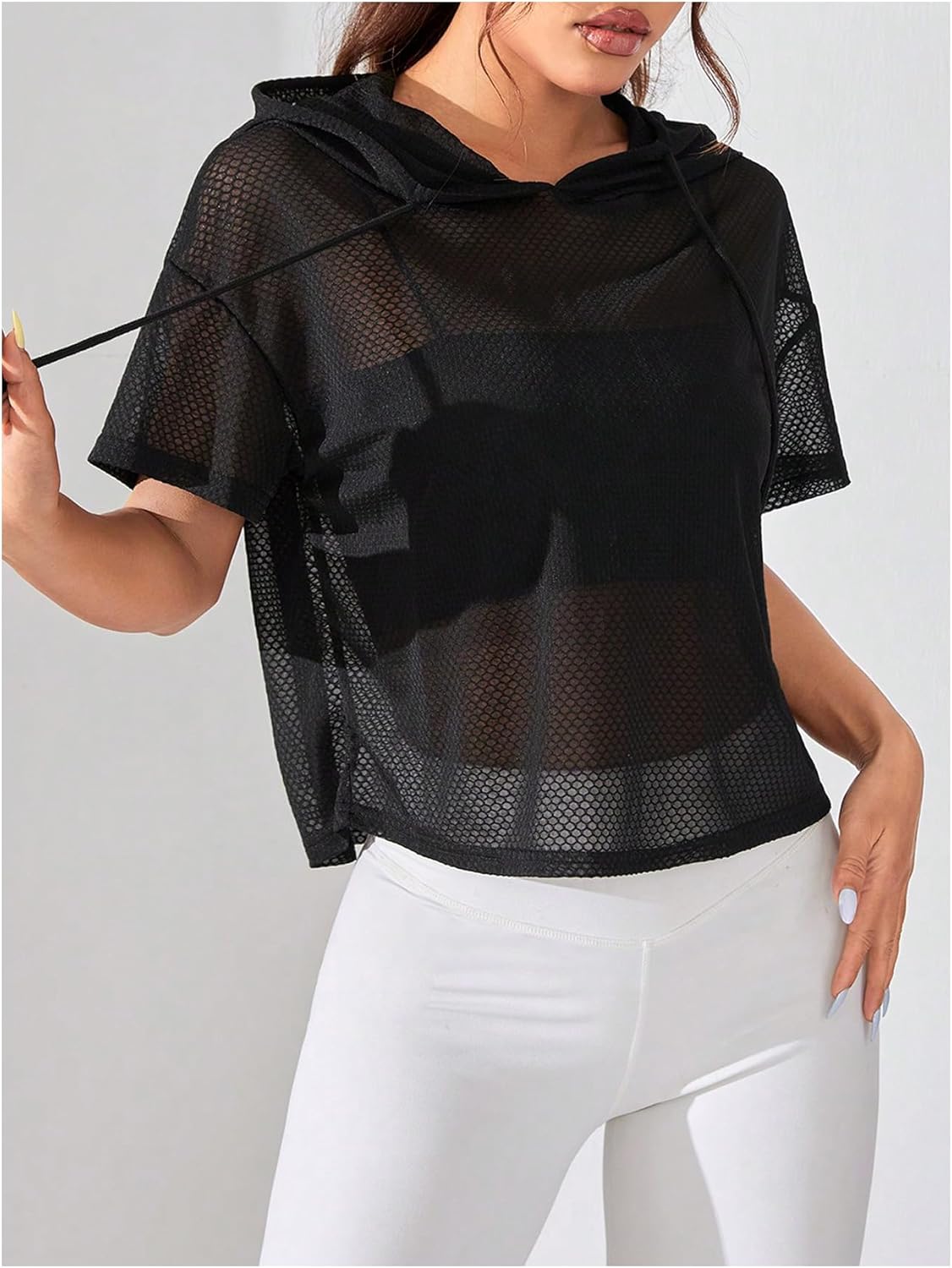 SweatyRocks Women's Short Sleeve Fishnet Hoodies Hollow Out Sports Workout Tops - Image 3