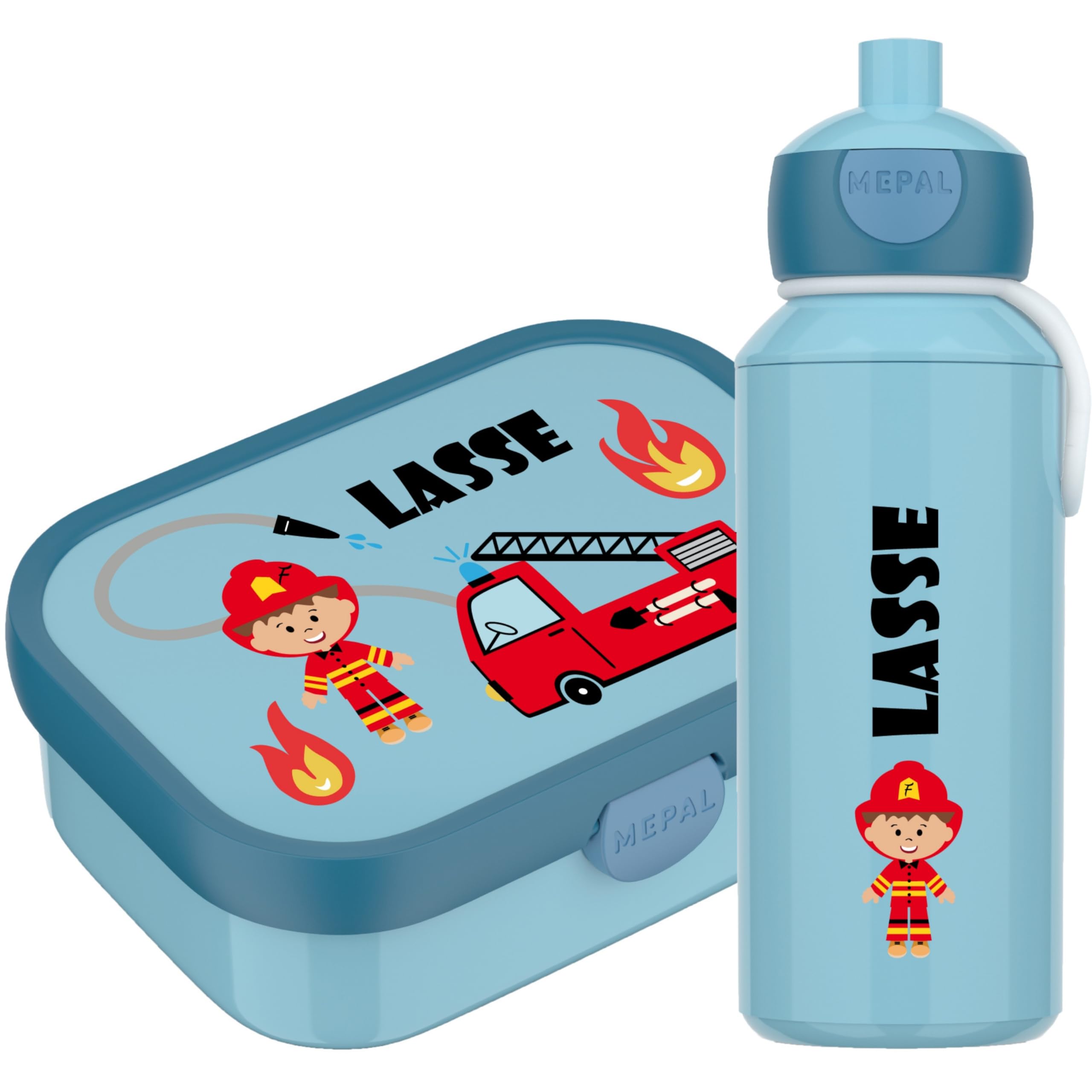 4youDesign | Blaue Brotdose mit Fächern & Trinkflasche -Feuerwehr- personalisiert mit Namen I Campus mit Bento-Box & Gabel Jungen & Mädchen (Cool Blue)