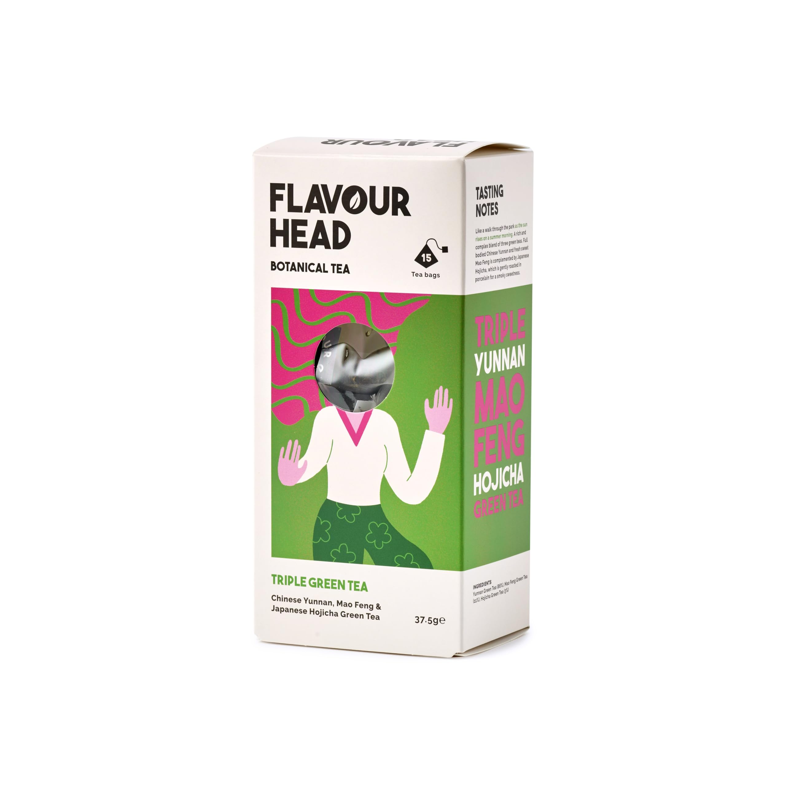 Flavour Head Triple Green Tea I Chinese Yunnan, Mao Feng and Japanese Hojicha Green Tea I 15 Tea Bags, 37.5g