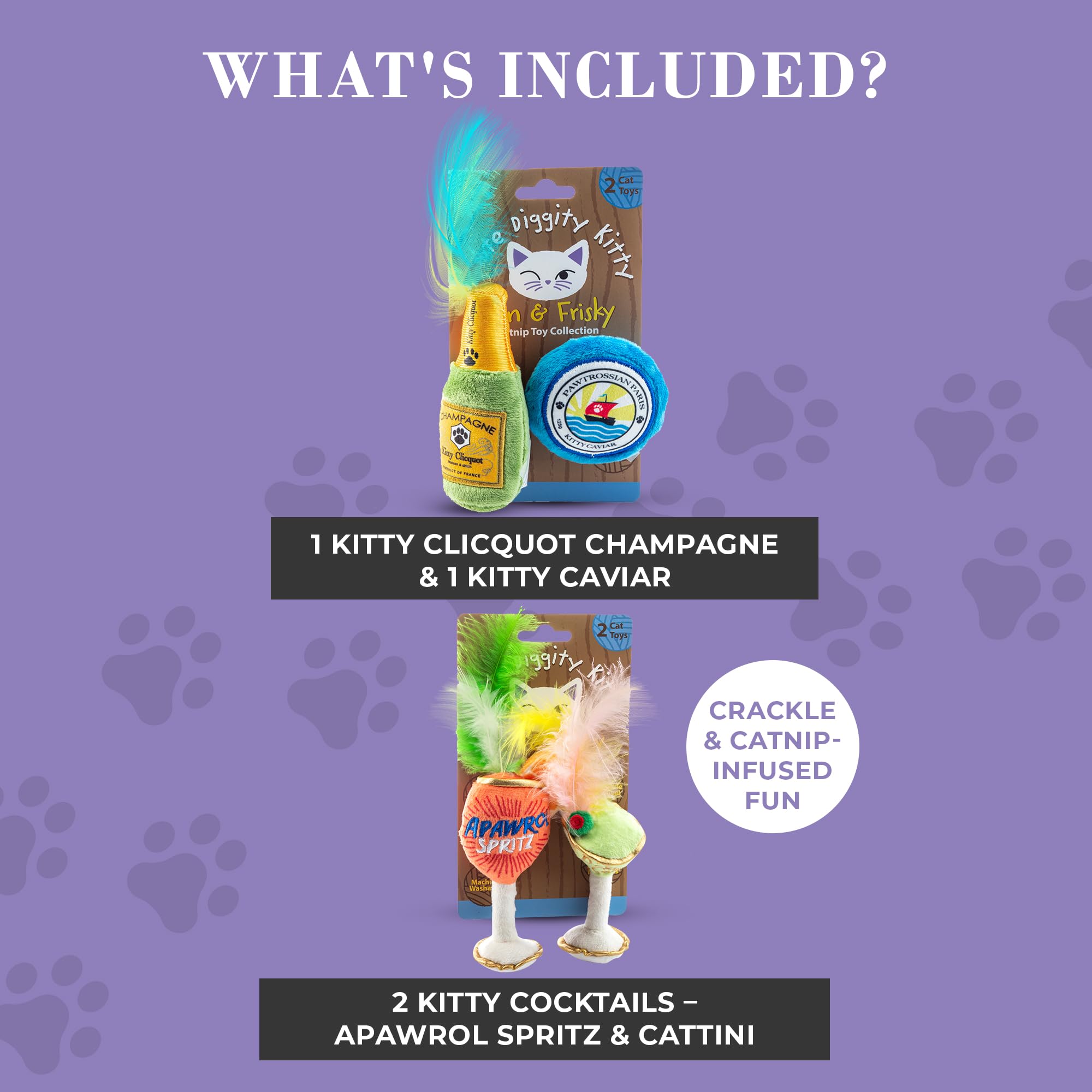 Haute Diggity Kitty Clicquot Champagne & Caviar + Kitty Cocktails Apawrol Spritz & Cattini Set de juguetes de peluche para gatos rellenos de hierba gatera con sonido crujido interactivo, juguetes