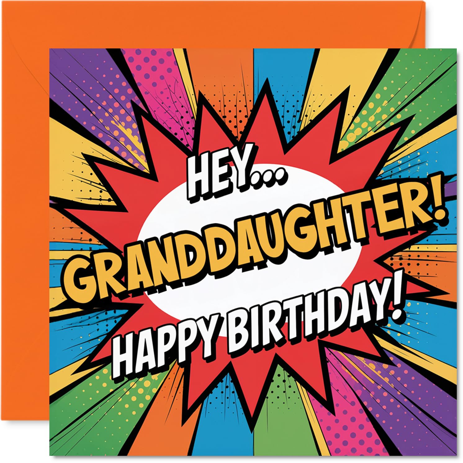 Playful Birthday Card for Granddaughter - Bursting with Birthday Cheer - Comic-style Multicolour Design with Bold Playful Text - 145mm Square, Envelope Included