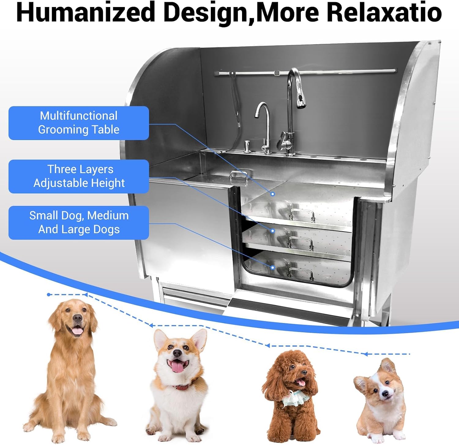 Professional Dog Grooming Tub, 50 in Stainless Steel Dog Wash Station With Foldable Ramp, Storage Drawer, Floor Grate & Faucet/Dog Bathtub for Large, Medium & Small Pets - Right Door (50 in )