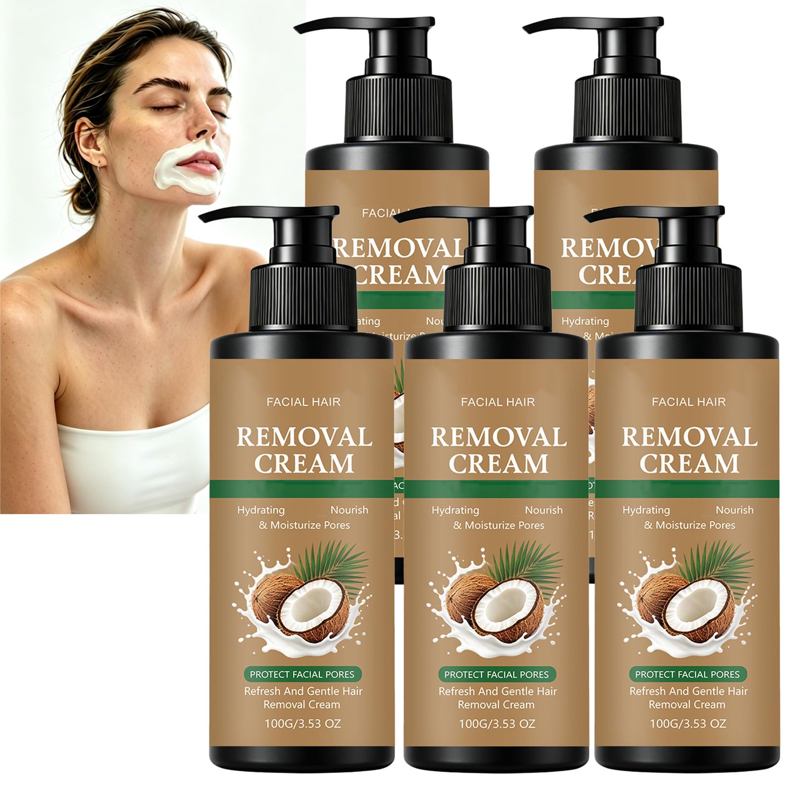 Crema depilatoria per viso e corpo all'olio di cocco, delicata per la rimozione dei peli di viso e corpo, idratante e depilatoria per il corpo, crema viso indolore per pelli sensibili. (5pcs)
