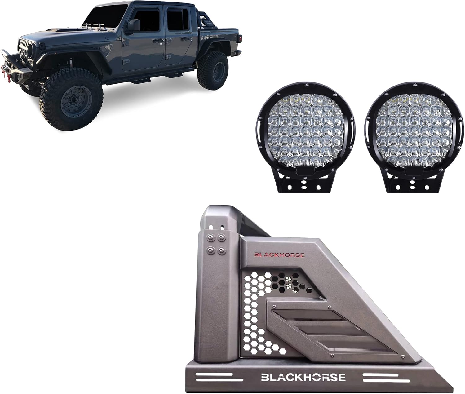 Black Horse Off Road Armour II Roll Bar Incl.Set of 9 Black Round LED Light Black Compatible with 2019-2026 Jeep Gladiator-AR2-09B-PL69B