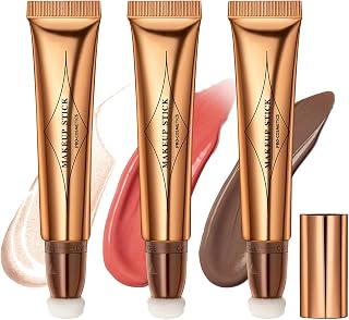 NewBang 3Pcs Blush Beauty Wand Contour Highlighter Bronze Stick Set With Cushion Applicator Liquid Cream Face Rouge Contouring Luminizers Pen Trio Smooth Blendable Moisturizing Waterproof Makeup