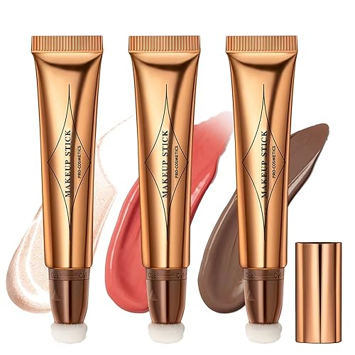 NewBang Juego de 3 varillas de contorno de belleza, iluminador de rubor, con aplicador de cojín, crema líquida, bronceador de rostro, luminizadores,