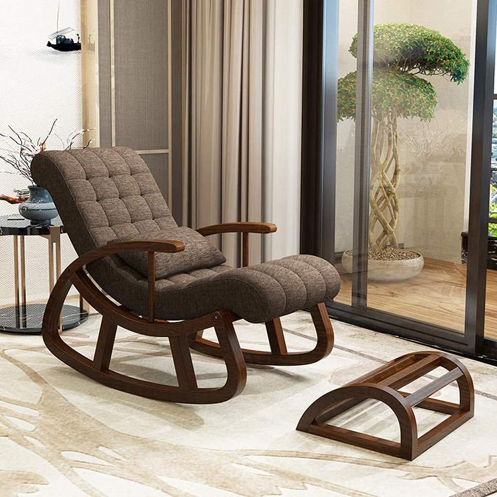 IMPRESSION ART STORE Upholstered Tufted Rocking Chair for Adults with a Curved Wooden Frame with Lumbar Pillow & Feetrest Stool for Relaxation for Living Room ((Brown))