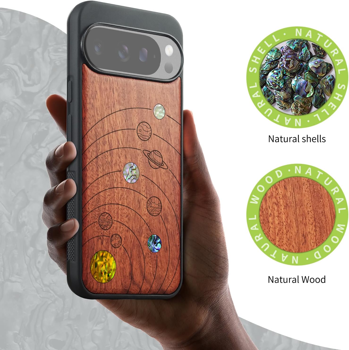 Carveit Magnetic Wooden Case for Pixel 10 / Pixel 10 Pro Case, Wood Artisan Engraved & Handmade Shell Inlaid, Compatible with MagSafe Wireless Chargers, Solar System - Rosy