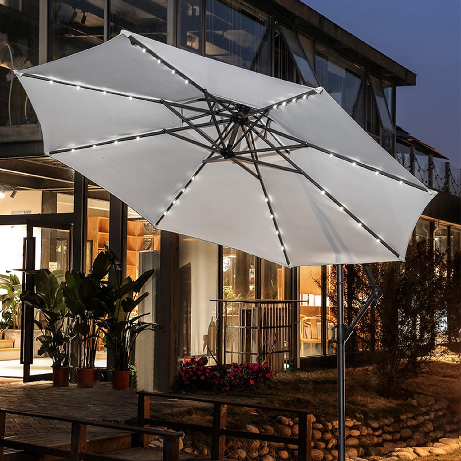 Bcofo 10' Large Patio Umbrellas Solar Umbrella Solar LED Lighted Patio Umbrella Round Large Offset Umbrellas 8 Sturdy Ribs with Base Included for Garden,Lawn,Deck,Backyard & Pool(Color:White)