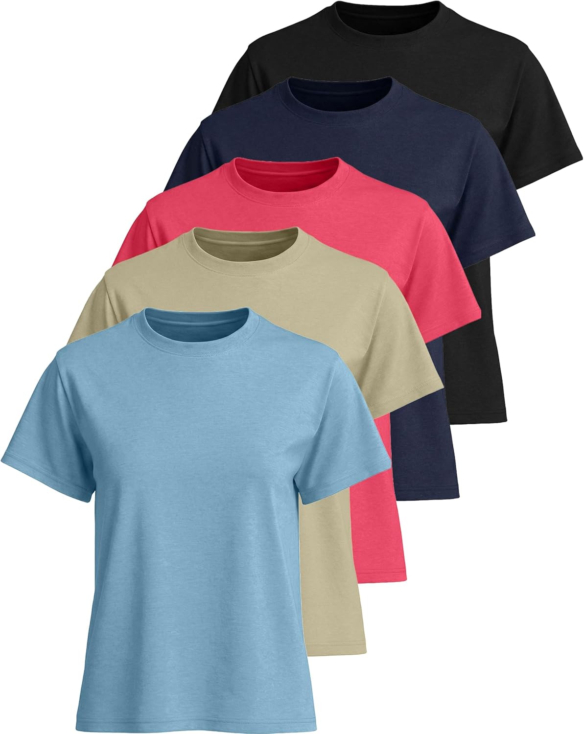 Real Essentials 5 Pack: Women’s 100% Cotton Relaxed Fit Short Sleeve T-Shirts Fashion Trendy Tees (Available in Plus Size)