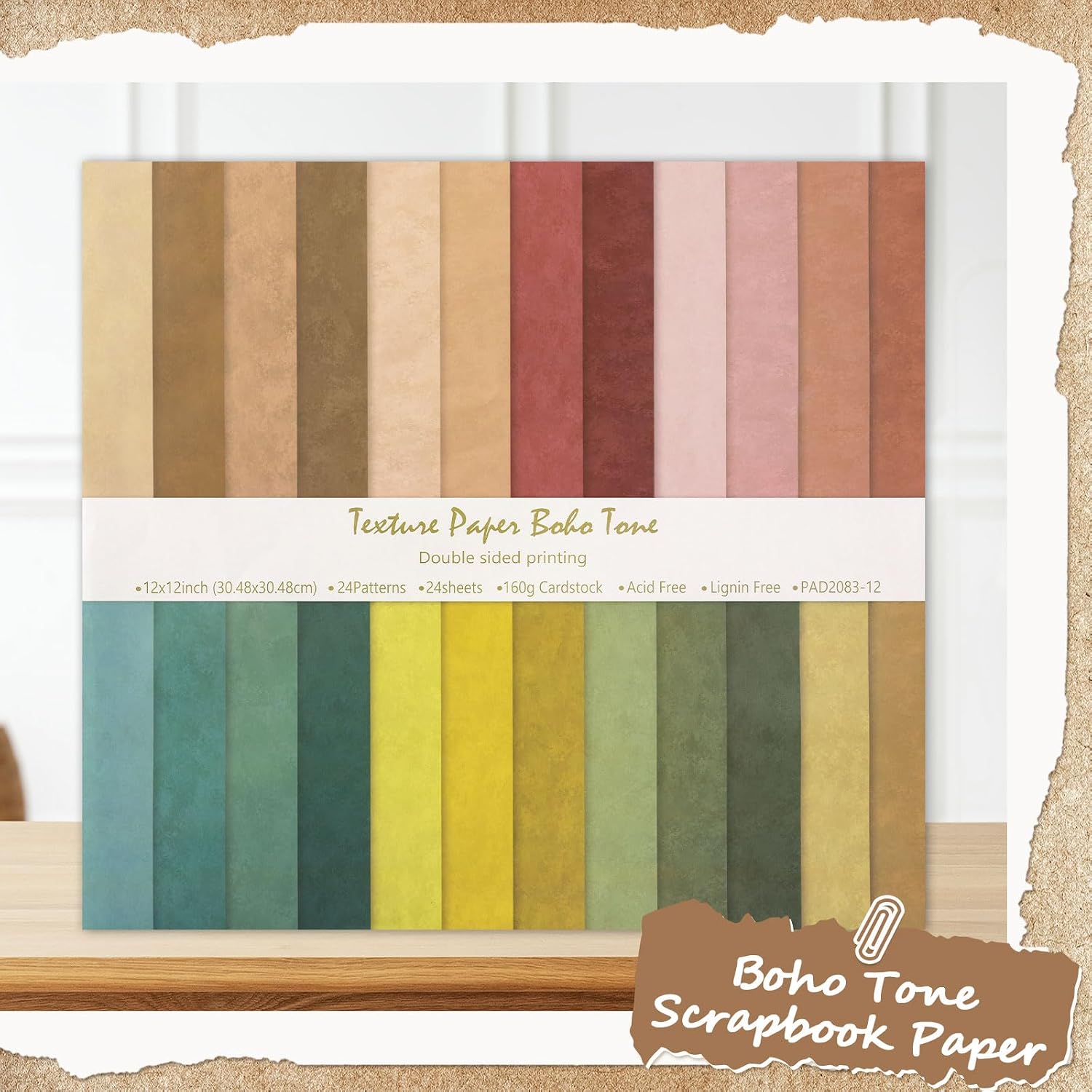 24 Sheets Scrapbook Paper, 12x12in Double-Sided Bohemian Patterned Craft Paper, 24 Designs Boho Tone Scrapbook Journaling Supplies for Decorative, Junk Journals, Card Making, Collage Art
