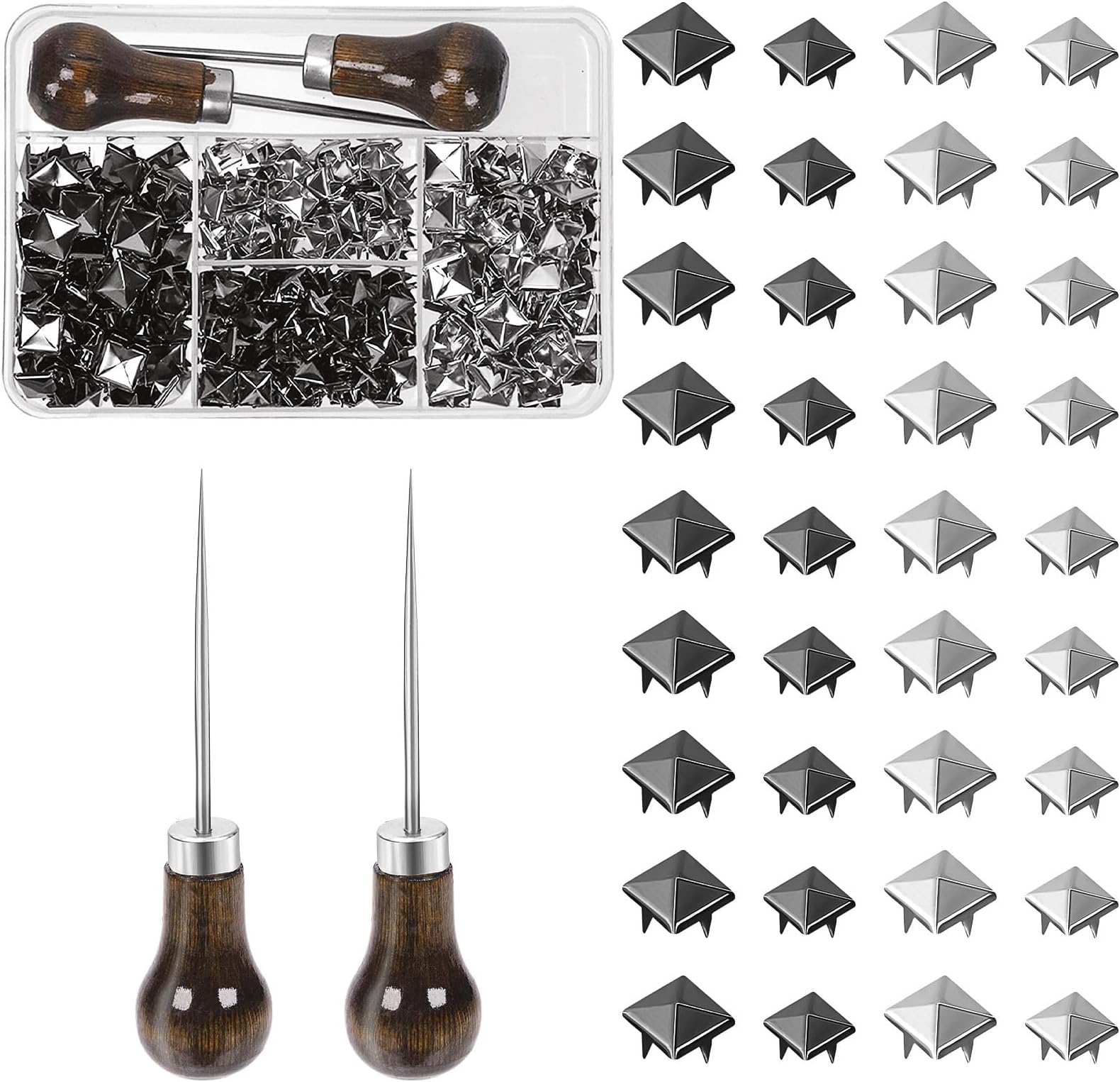 400Pcs Four-Jaw Square Rivets Set, 8mm 10 mm Square Pyramid Studs, Metal Punk Spikes Spots Studs Nail-Heads Accessories with Straight Tipped Scratch Awl for Clothing Bag Leather Shoes