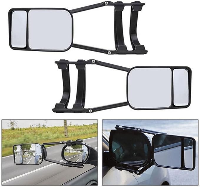 2 Pack ClampOn Universal Towing Mirrors, 360 Degree Rotation Adjustable Dual View Tow Mirrors