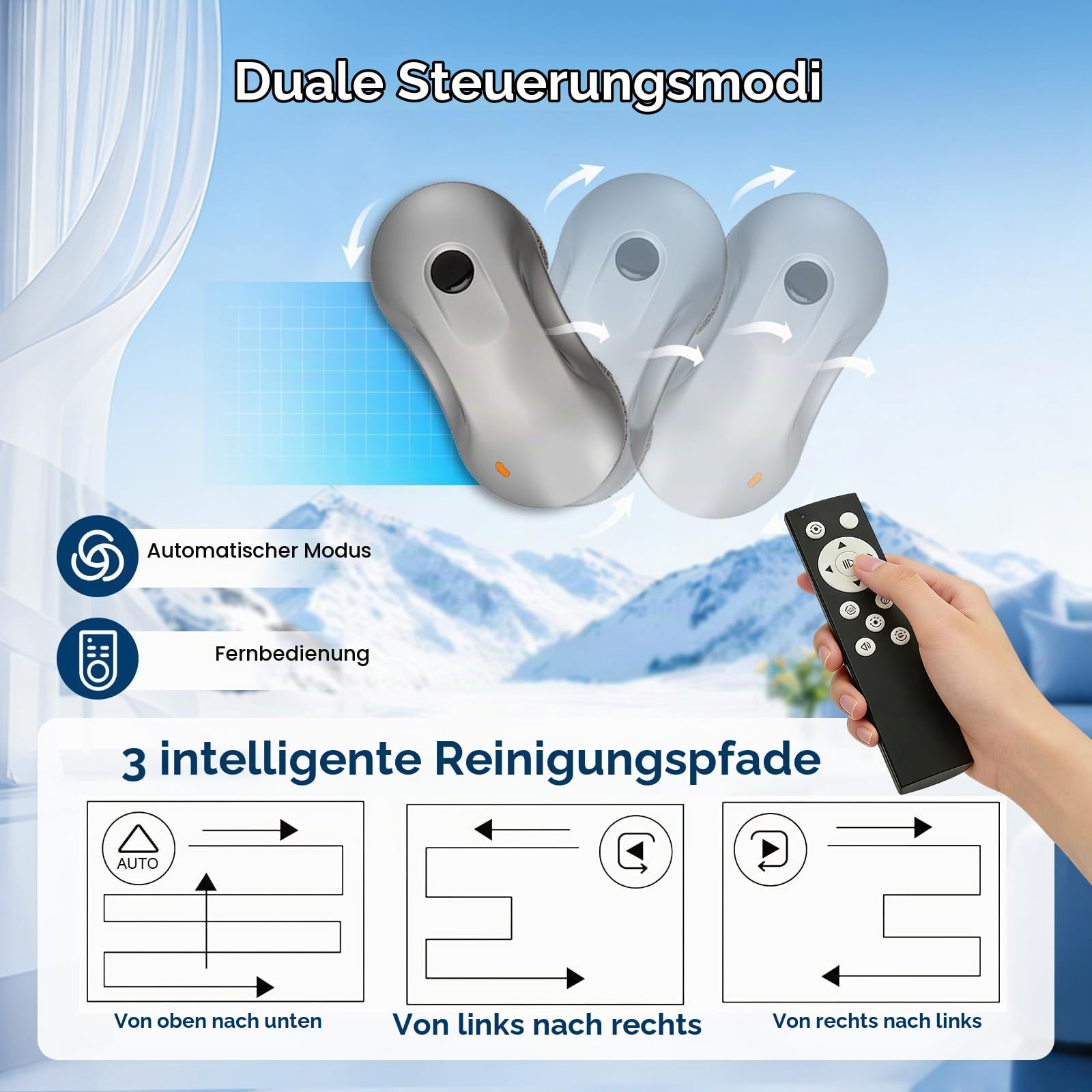 Fensterputzroboter, Fensterputzroboter mit Sprühfunktion, Turbo Boost Saugkraft 7000Pa, Mehrfachschutz,Verbessert Für alle Fenster,Dual-Helix-Reinigung für effiziente Fensterreinigung(B)