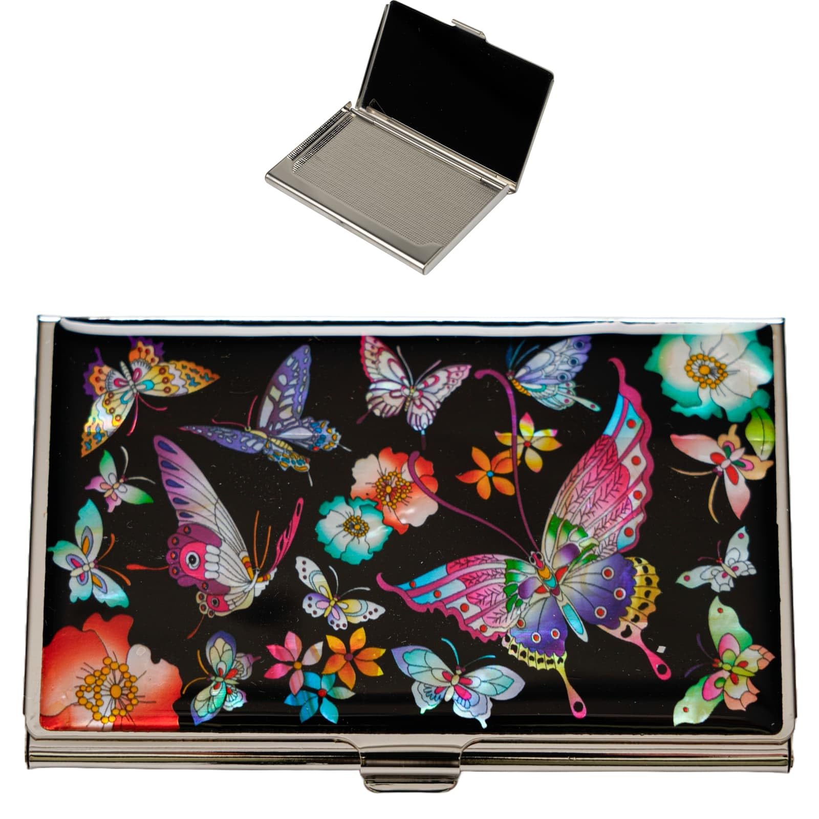 February Mountain Mother of Pearl Business Card Case - Korea Traditional Gifts, Slim Metal Holder for Business &amp; Credit Cards, Pocket-Sized Purse Wallet (Colorful Butterfly on Black Background)