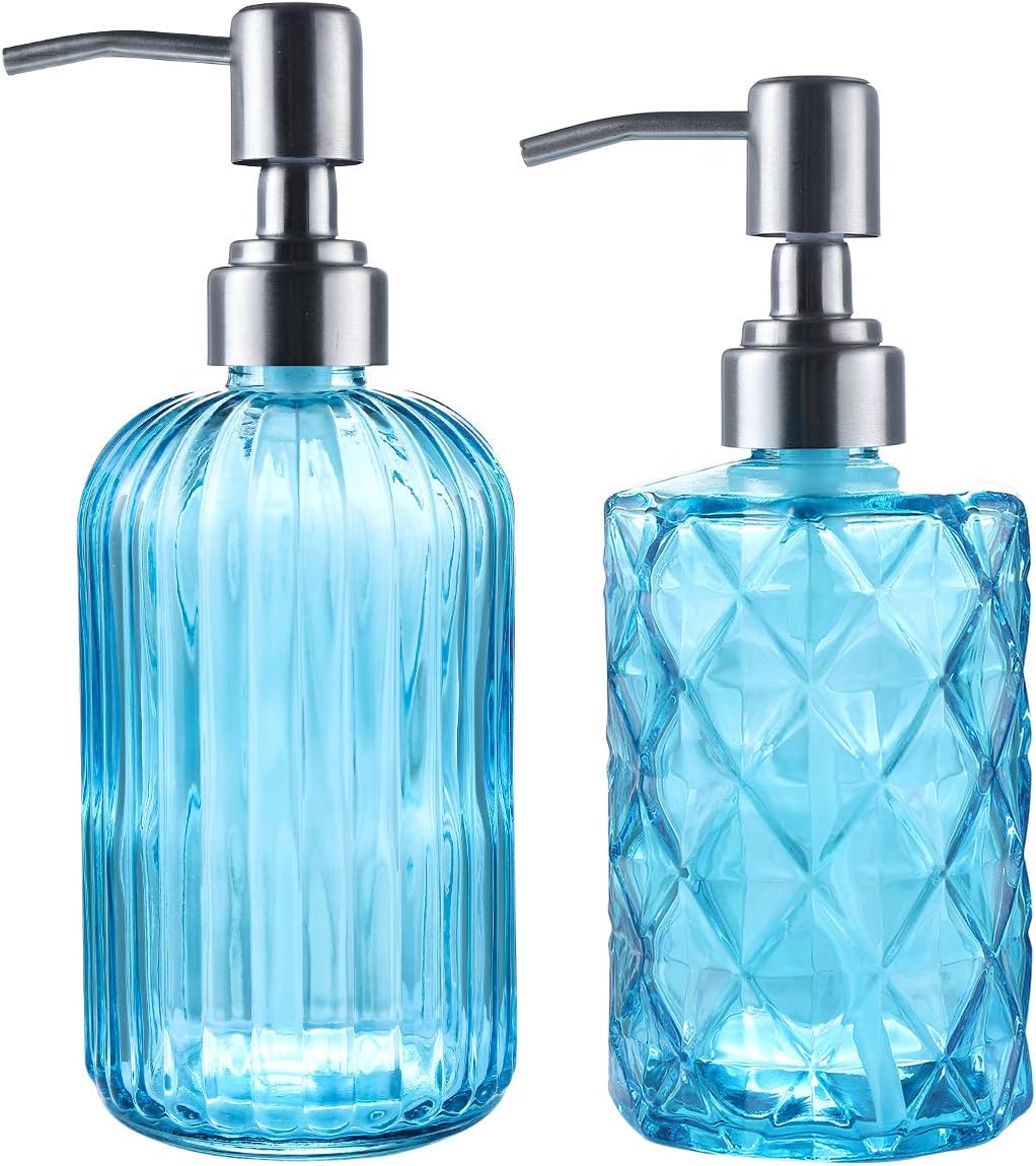 vplus 2 Pack Hand Soap Dispenser 5 Oz Vertical Stripes and 12 Oz Diamond Design Glass Soap Dispenser with Pump of 304 Rust Proof Stainless Steel, Bathroom Soap Dispenser for Soap, Lotion(Blue)
