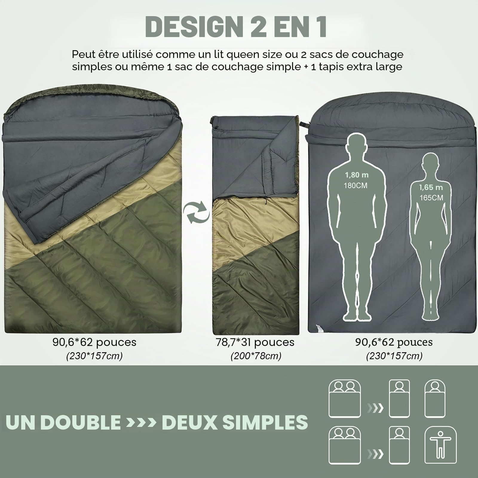 Sac de Couchage Double Adulte,déperlant 2 Personnes Camping Sac Couchage | Doublure brossée douce,capuchon de tube et de cordon pour la chaleur,230x90cm pour couples famille camping Backpacking voyage