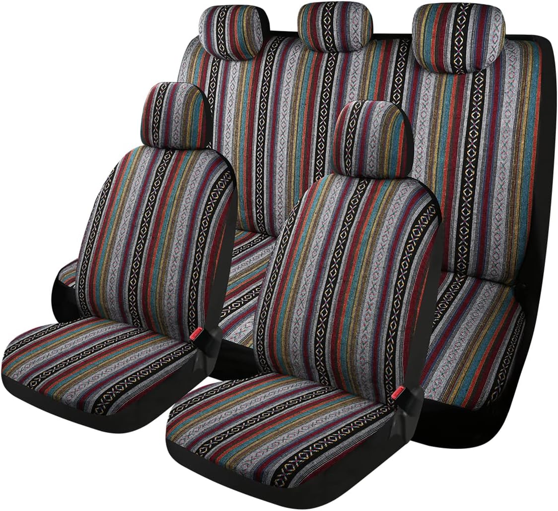 PONYJOYUP Baja Saddle Blanket Car Seat Covers 9PCS Full Set, Breathable and Washable Striped Woven Automotive Vehicle Seat Cover, Universal Seat Cover for Sedan, SUV, Truck, Airbag Compatible