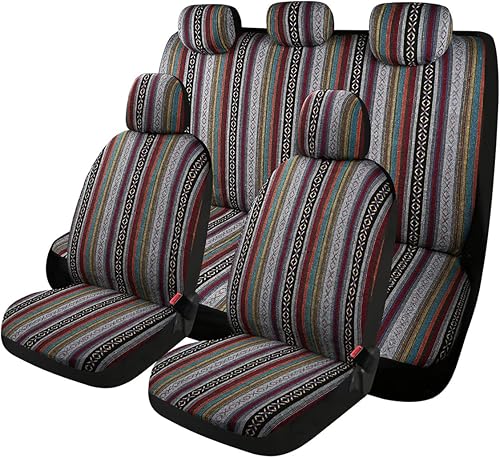 PONYJOYUP Baja - Juego completo de 9 fundas de asiento de automóvil, transpirables y lavables, tejido a rayas, funda de asiento universal para