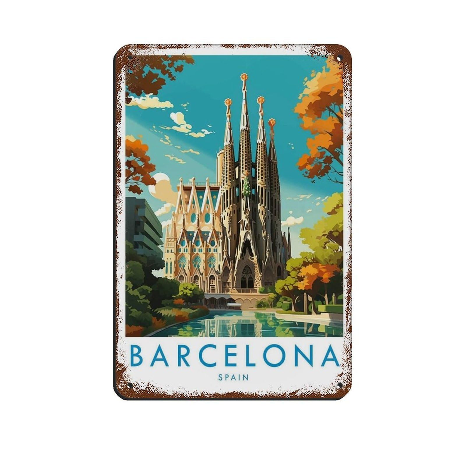 Barcelona Travel, Barcelona Travel Poster Tin Sign Vintage Metal Pub Club Cafe Bar Home Wall Art Decoration Poster Retro 8x12inch(20x30cm)