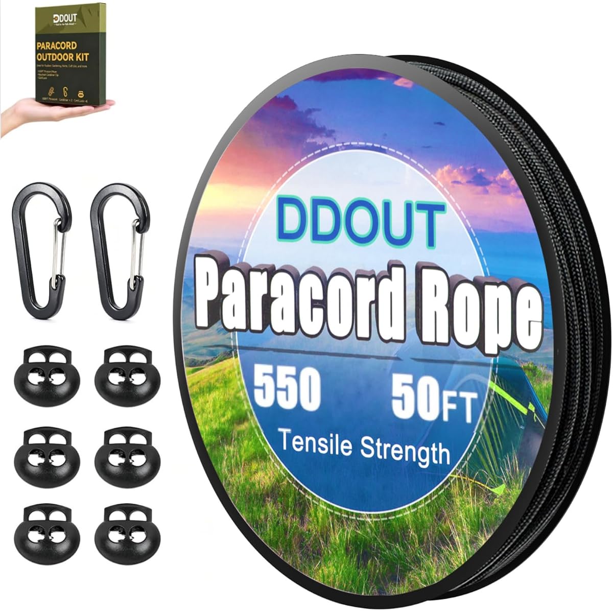 Paracord Rope, Paracord Kit with Keychain Carabiner Clips and Cord Locks, 50FT Nylon Rope and Accessories for Making Keychain Lanyard, Craft Projects DIY, Camping, Hiking and Outdoor