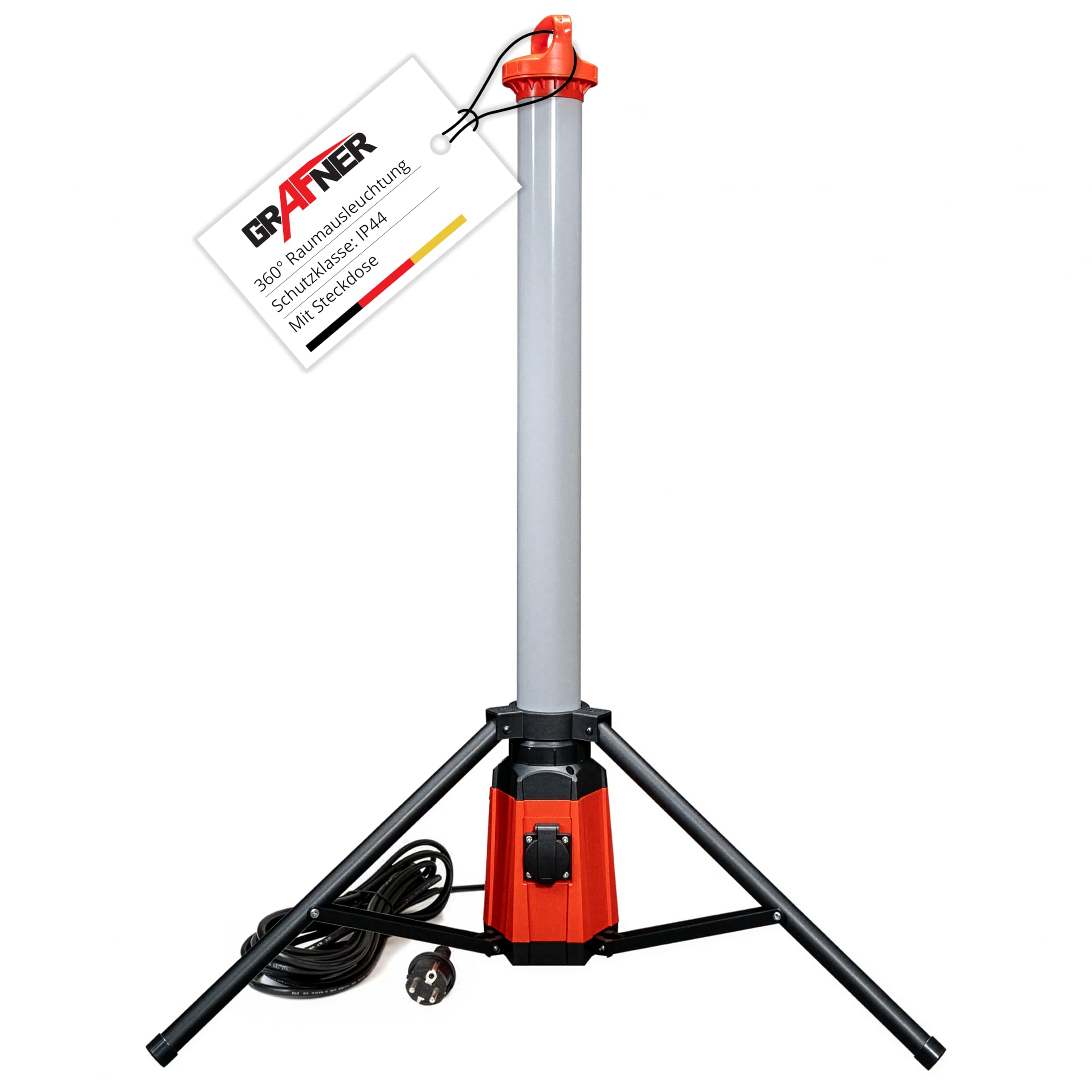 Grafner Profi LED Tower Baustrahler mit Steckdose und Stativ, 360° 7500 Lumen, 100 Watt, Höhe: 150 cm, IP44, 6500K Tageslichtweiß, Arbeitsleuchte Baustellenstrahler 360 Grad rundum Arbeitslampe Turm