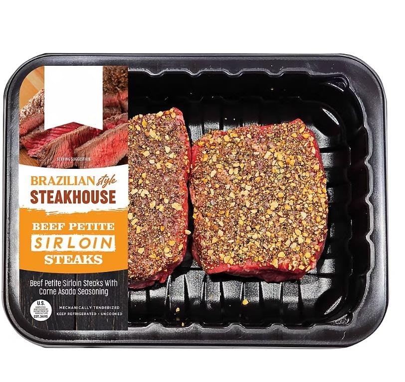Premium cuts of top sirloin rubbed with Brazilian steakhouse rub, a combination of savory herbs and spices including garlic, onion, and orange zest for a bright pop of citrus. Ready to cook directly from the package from refrigerator to plate in a matter of minutes, making for the perfect summer meal. These can be cooked on the grill, oven or even the air fryer. [ 24 oz , 1.5 lb ]