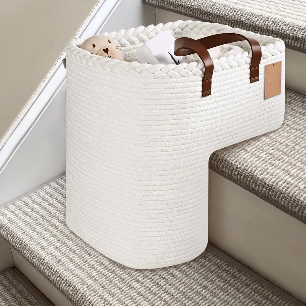 Cestino per scale in tessuto con manici per giocattoli e libri, cesto portaoggetti in lino per scale in moquette, organizer compatto per scale, design salvaspazio (B)