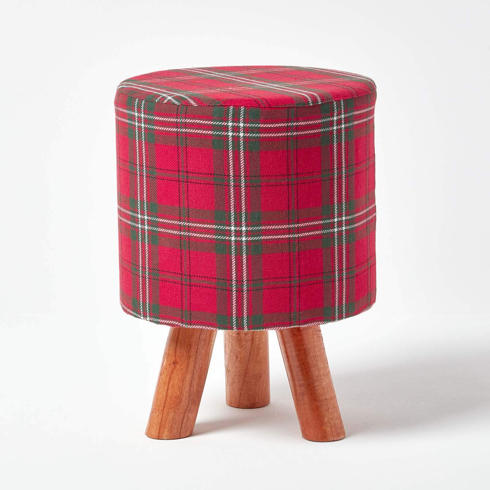 Tabouret tartan rouge pouf repose-pieds bois écossais 32x32x42