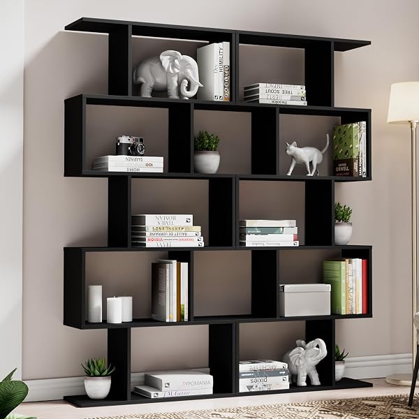 Cozy Castle Bookshelf Set of 2, S-Shaped Modern Bookcase Room Divider, Geometric Wood Book Shelf, Tall Bookcase with 5-T