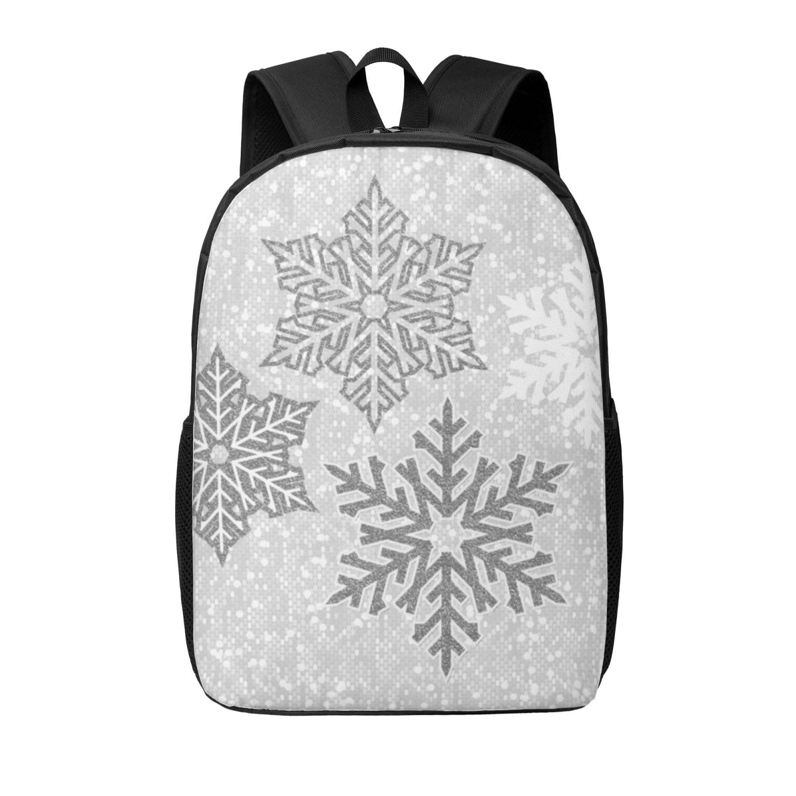 Hcmuxisen Unisex Kids As Picture Christmas Sparkling Silver Gray And White Snowflakes, 17In Student Backpack Classic Bookbag Water Resistant School Bag Casual Daypack