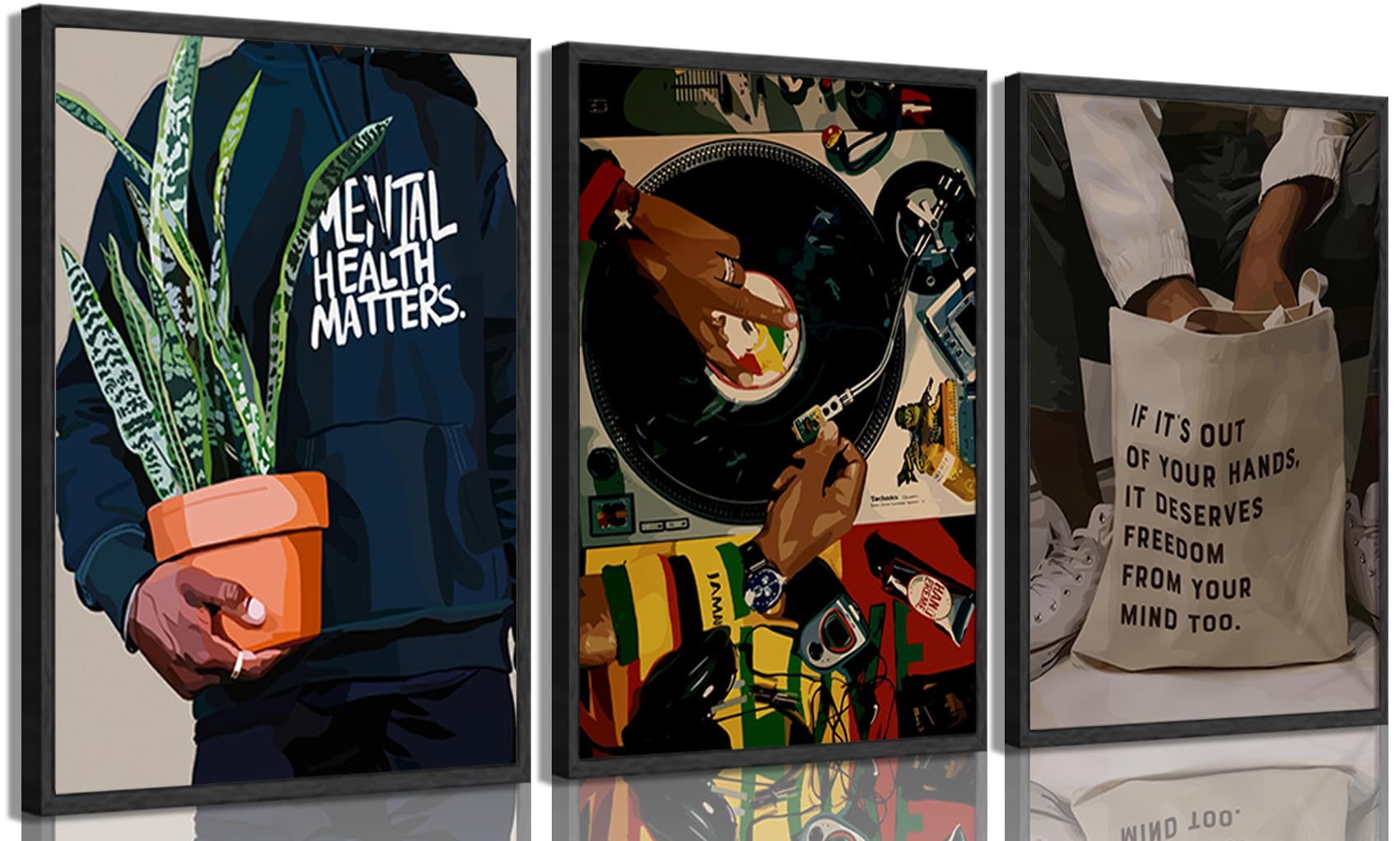Black Men Wall Art Set of 3 Fashion African American Black Man Poster Prints Record Music DJ Painting Pictures Wall Decor Mental Health Artwork for Living Room