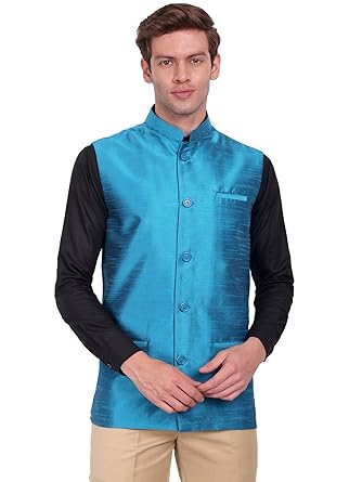 SKAVIJ Men's Indian Dupion Silk Sleeve Less Festive Nehru Jacket Waistcoat