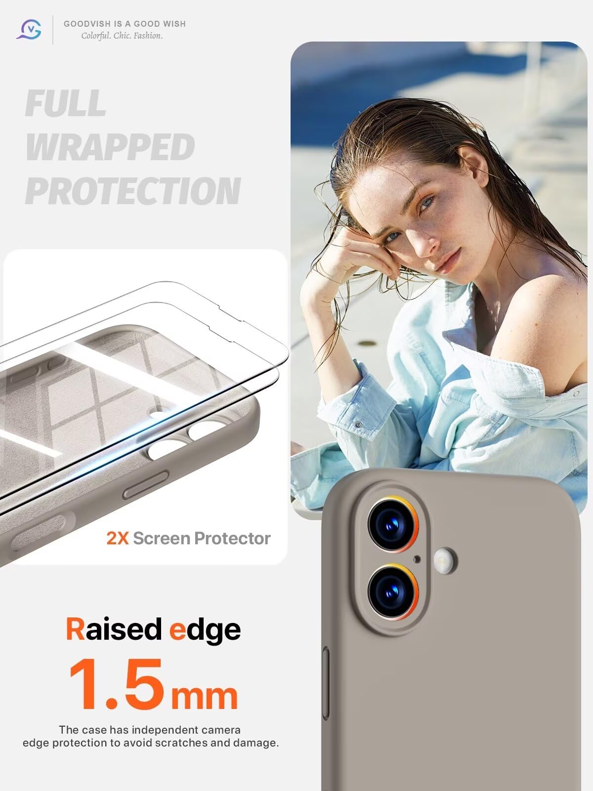 GOODVISH 3 in 1 Silicone Cover per iPhone 16 6.1", Custodia con 2 Pellicola Vetro Temperato [Protezione Fotocamera] 360° Protezione Anticaduta Case per Cellulare Antiurto Resistente, Grigio