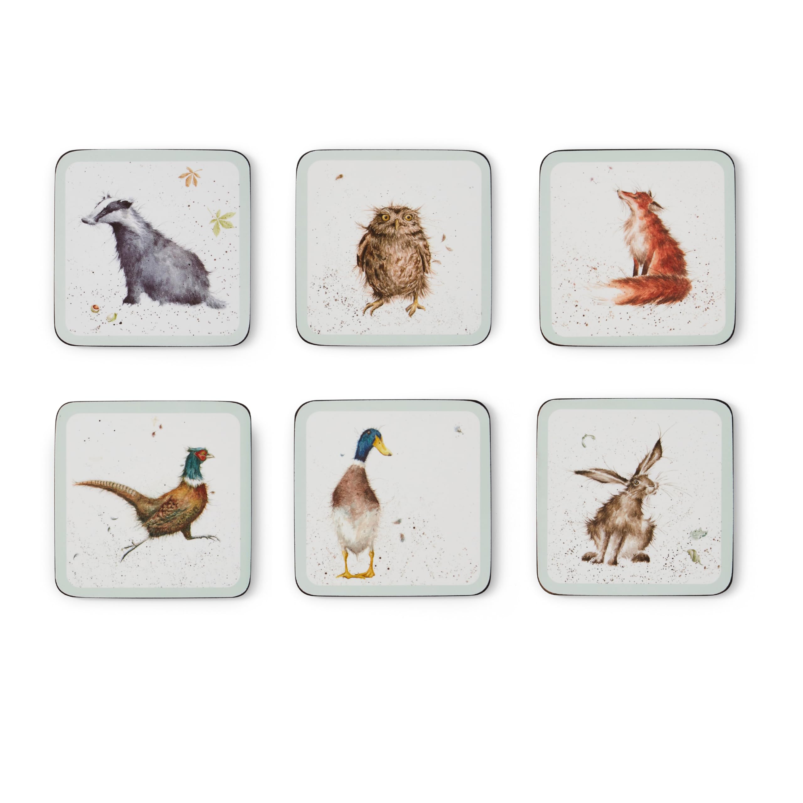 x Wrendale Designs Set of 6 Assorted Coasters - Cork-Backed with Charming Animal Illustrations, Heat Resistant and Stain Protected Table Coasters, Suitable for Everyday Use