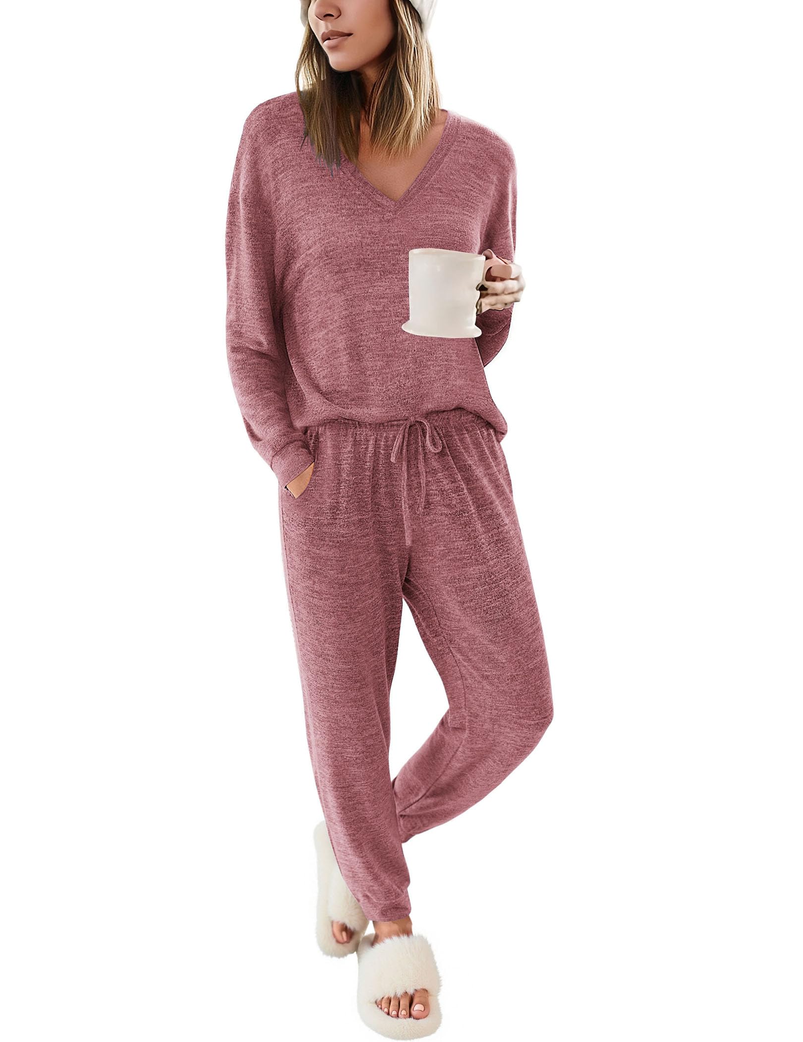 Ekouaer Womens Jogger Pajama Sets Long Sleeve Top and Pants Lounge Sets Soft Sleepwear with Pockets