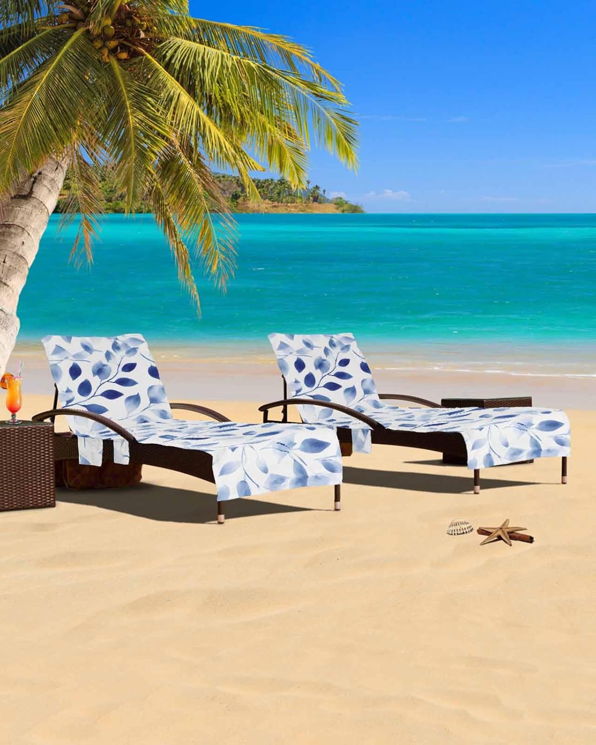 Vintage Blue Leaves Beach Pool Patio Lounge Chaise Chair Cover Towel With Pockets,Absorbent & Quick Dry Microfiber Towel Cover Bag Summer Accessories Abstract Modern Fall Winter Botanical Plant