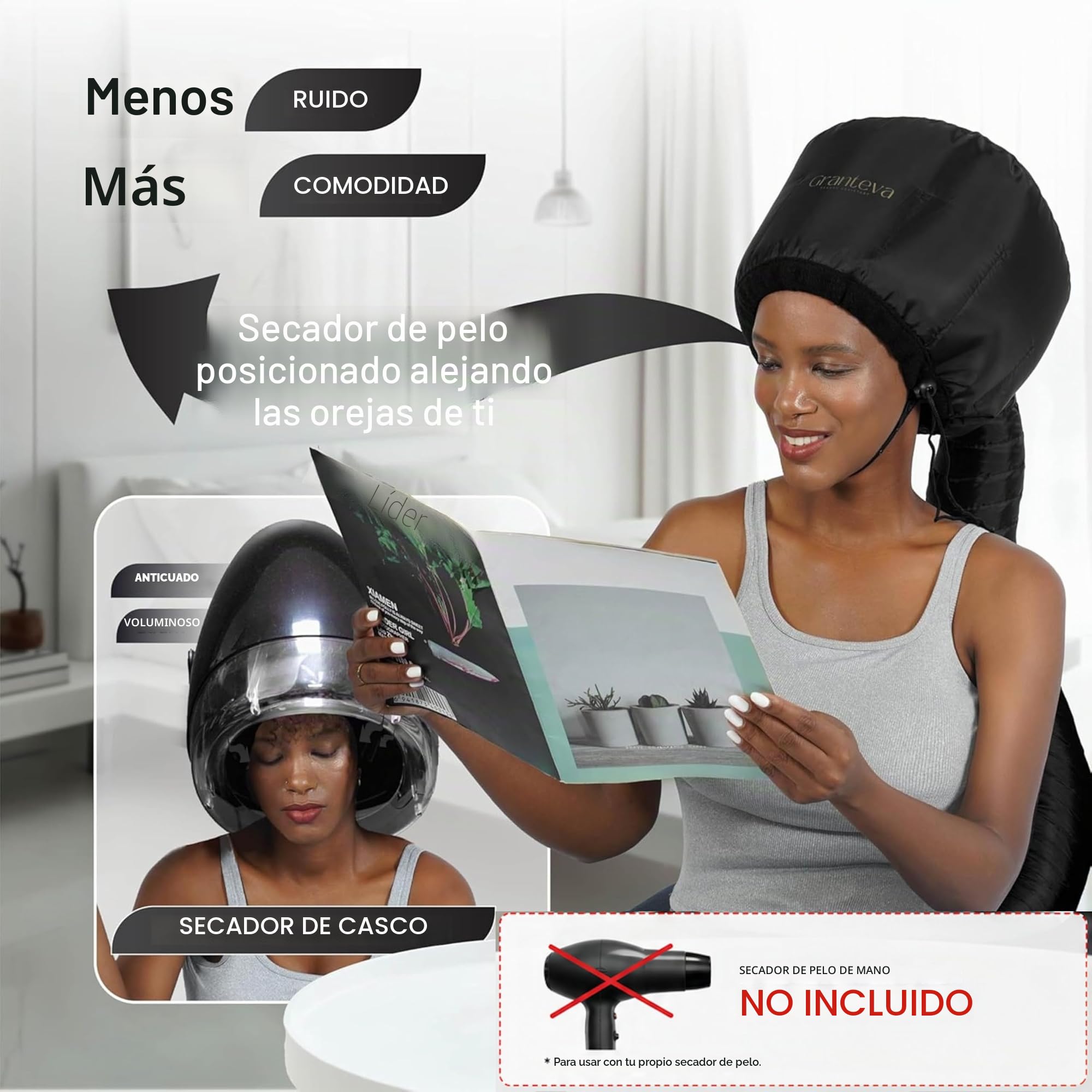 Secador de pelo con capucha con diadema integrada que reduce el calor alrededor de las orejas y el cuello - Gorra difusor de secador con capucha para rizado, acelera el tiempo de secado,